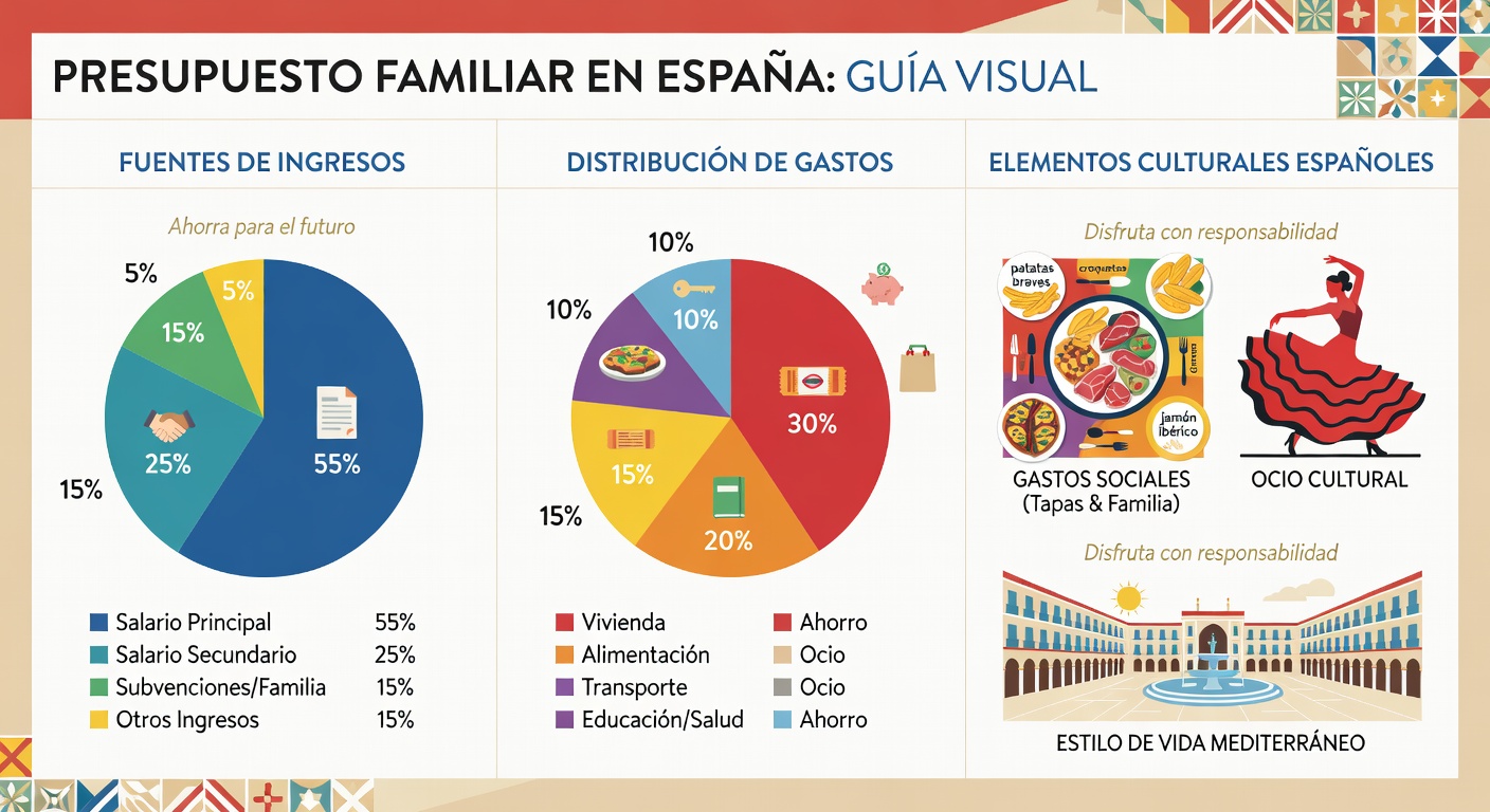 Familia española revisando su presupuesto familiar y plan financiero